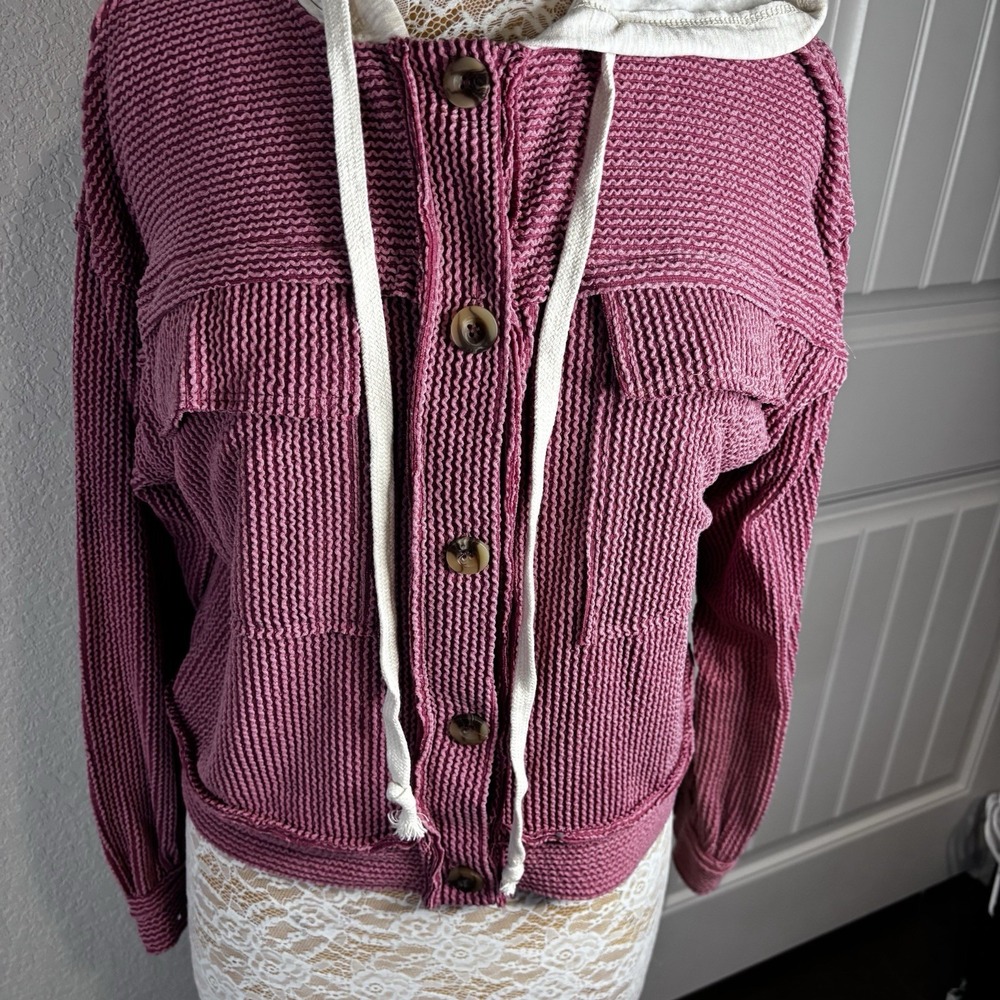 Reborn J PinkRibbed Knit  Button Up‎ Jacket W/ Contrast Hood M Soft Warm Pockets